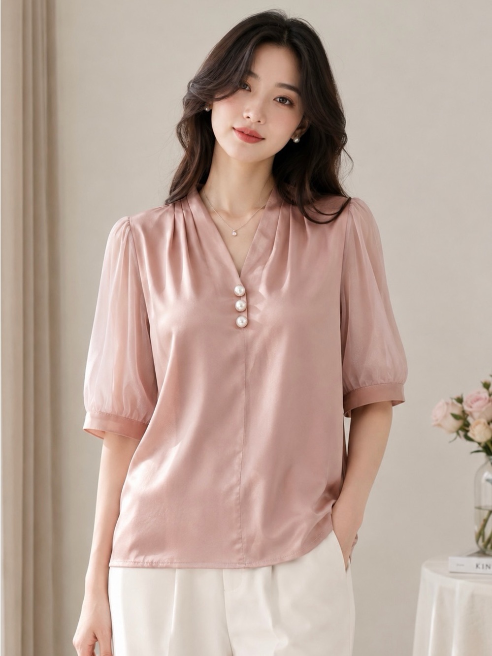 Women’s Dusty Rose Satin V-Neck Blouse with Pearl Buttons & Sheer Sleeves